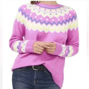 Vince Camuto Pink Fair Isle Sweater Small Classic Oversized‎ Stretch Ski Snow